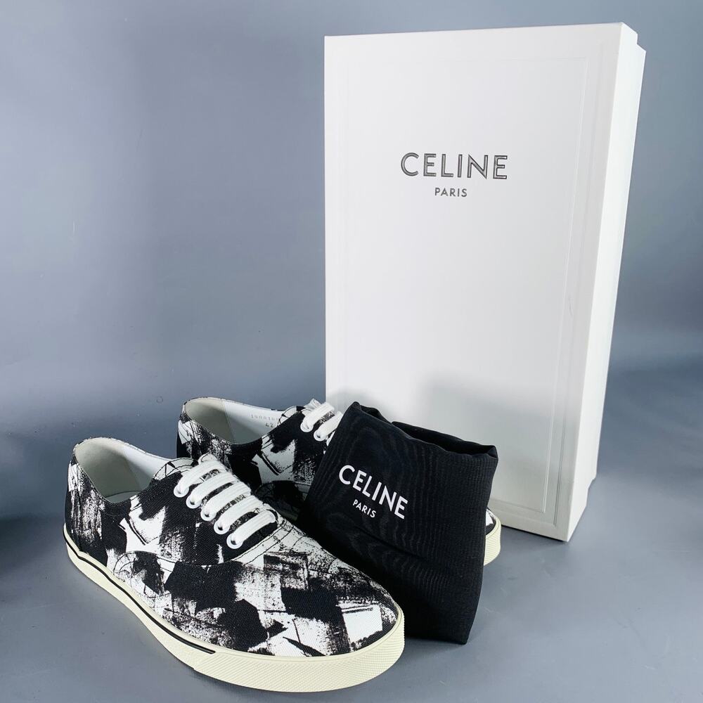 CELINE Fall 2019 Size 9 Black White Marbled Canvas Lace-Up Sneakers - Picture 9 of 10